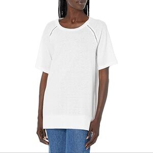 Lysse white crewneck open weave embellishment oversized top